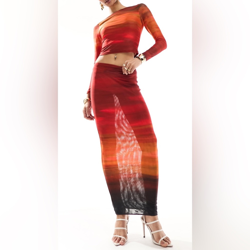 Farai London Cleo Mesh Ombre Top and Midi Skirt in Red Ombré